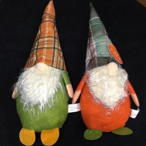 Thanksgiving Gnome Decoration Set 2 Fall Decor Harvest Orange Green Plaid Fabric - Picture 1 of 10